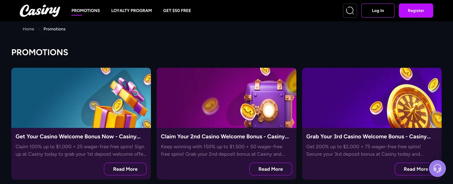 Casiny Casino promotions page with bonus cards