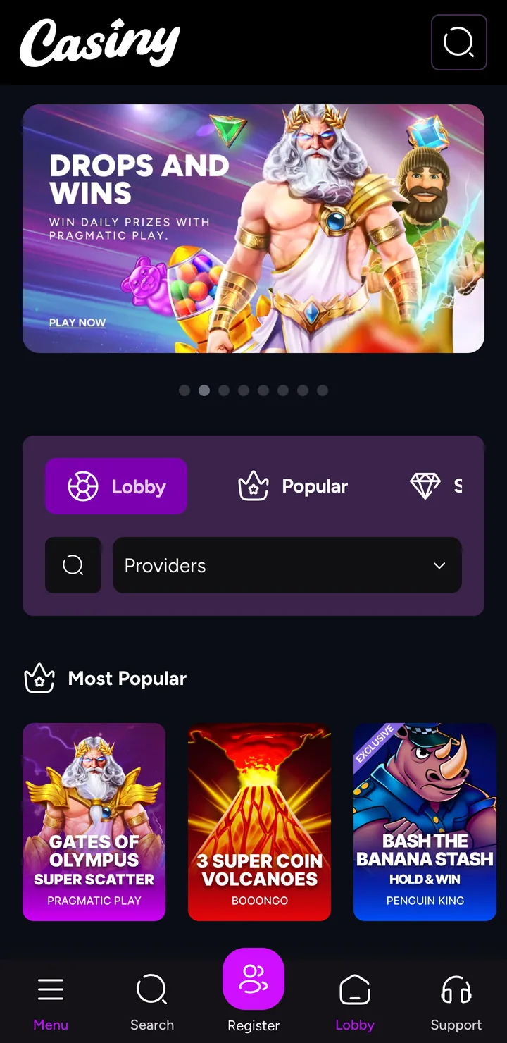 Casiny Casino mobile lobby and account controls